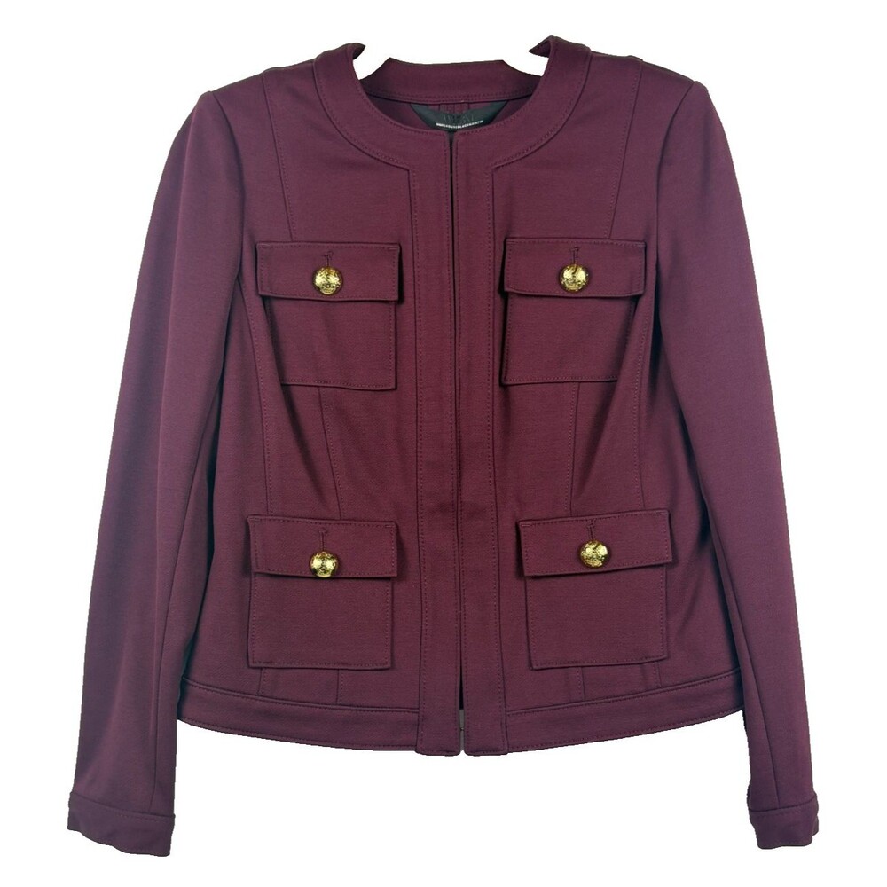 White House Black Market WHBM Stylist Jacket Burgundy Gold Button Military 4 NWT